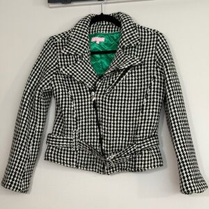 ESCADA Black and White Houndstooth cropped moto zip jacket, sz 12